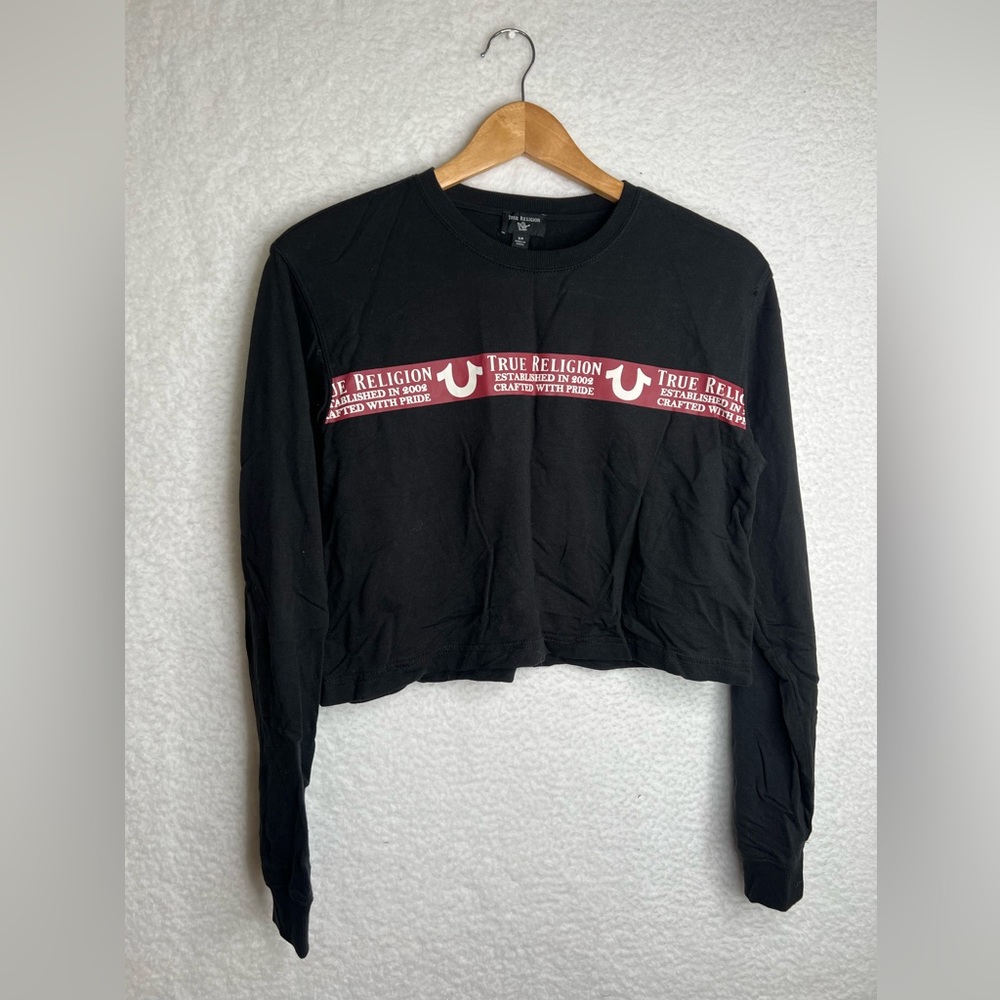True Religion Women's Black Cropped Long Sleeve Shirt Sz S Casual Lightweight